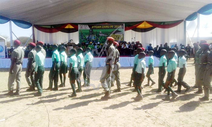 Members of the National youth service and students of Kamativi Primary School performing a drill as part of the entertainment during the Presidential Youth interface in Lupane