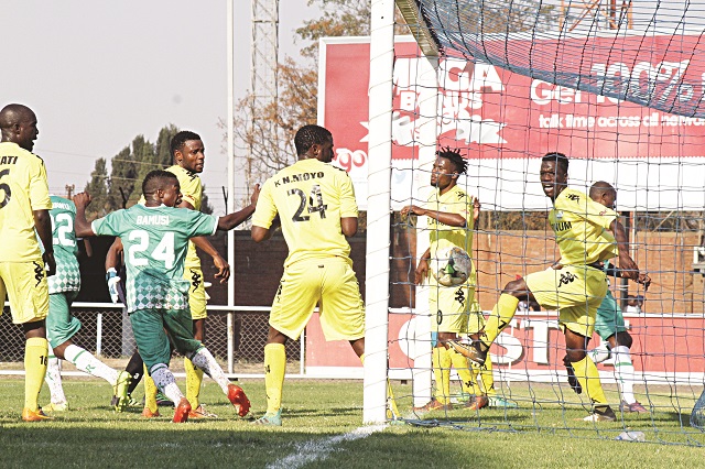 FC Platinum defenders agonisingly watch as Stephen Makatuka's winner nestles into the net at Rufaro Stadium yesterday