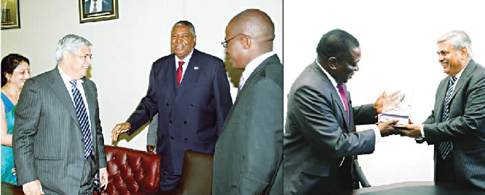 ICC chairman Shashank Manahor shares a lighter moment with Vice President Phelekezela Mphoko (picture left) after a courtesy call in the company of his wife Varsha and Sport and Recreation Minister Makhosini Hlongwane in Harare yesterday. The international cricket boss meets Acting President Emmerson Mnangagwa (picture right) at his Munhumutapa offices