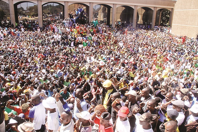 Zanu-PF supporters at the party headquarters in Harare yesterday where a rally was held in solidarity with First Lady Dr Grace Mugabe