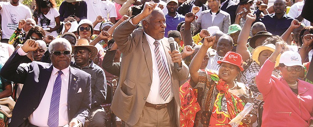 Defence Minister Sydney Sekeramayi flanked Home Affairs Minister Ignatius Chombo and Minister of State for Manicaland Province Mandi Chimene and Minister of water and climate Oppah Muchinguri during a solidarity rally at the ZANU PF headquarters in Harare yesterday.-Picture by Munyaradzi Chamalimba