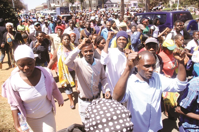 Some of the ZANU PF party supporters who participated in the solidarity march in Harare yesterday.-Picture by Munyradzi Chamalimba
