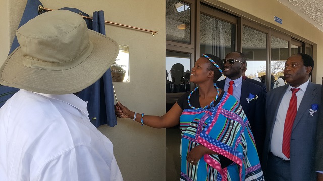 Beitbridge District Administrator Mrs Kilinoni Ndou-Mbedzi stands in for Minister Mohadi during the commissioning of the parlour