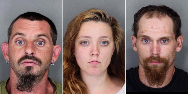 From left to right: Gary Bubis Jr., 37, Brandy Shaver, 18, and Shawn Whaley, 23, were charged with second-degree assault after a 10-year-old girl sought help from a neighbor.