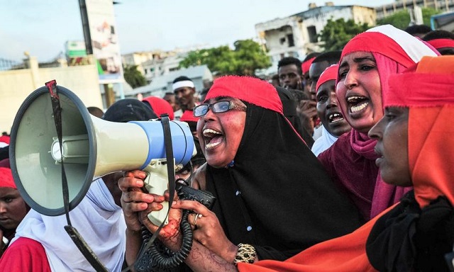 Somalis protest against bomb attacks in the capital Mogadishu on October 15, 2017. — AFP