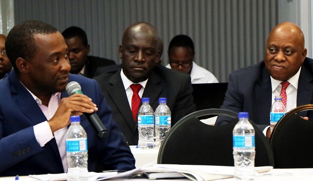 Mr Morris Mpala, who was the moderator, stresses a point during the Chronicle Pre-Budget dialogue in Bulawayo yesterday. Among the guests are the Zimpapers Digital and Publishing general manager, Mr Marks Shayamano and Zimpapers board chairman Mr Delma Lupepe (right)