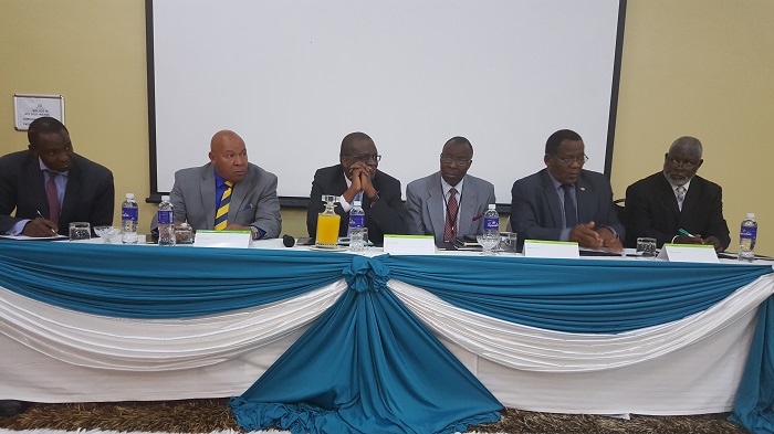 RBZ Deputy Governor Dr Khupukile Mlambo (third from left), responds to questions during the business seminar organised by the Seventh-Day Adventist Church at a local hotel in Bulawayo on Saturday. He is flanked by (from left) economist Mr Dumisani Sibanda, Pastor B Hall, Dr Leonard Masuku, Mr Alvord Mabhena and Ambassador Edson Goniwa
