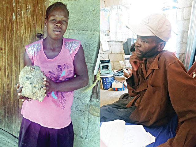 A family member, Ms Codelia Moyo, shows the boulder which Mrs Theressia Maruta took to Gweru Rural Police Station as an exhibit. Right: Mr Smile Sibanda