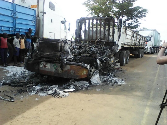 The burnt out shell of the haulage truck which caught fire in Victoria Falls on Saturday