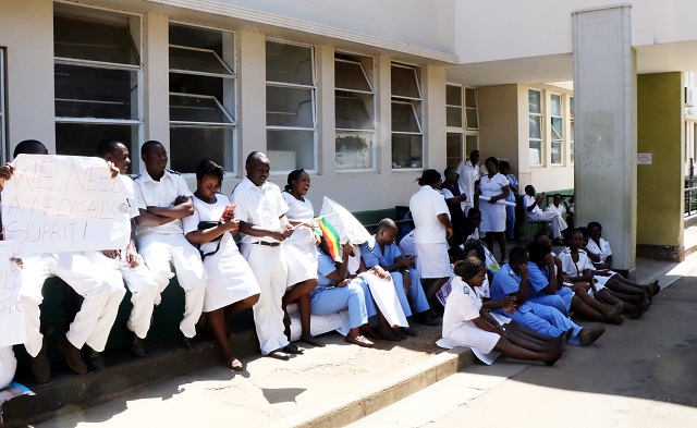Some of the striking nurses at United Bulawayo Hospitals yesterday.