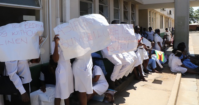Some of the striking nurses at United Bulawayo Hospitals yesterday